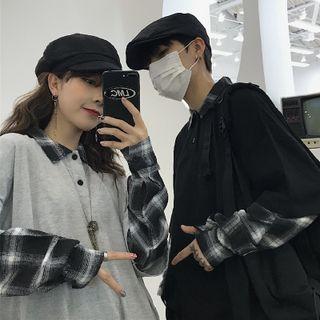 Long-sleeve Polo-neck Plaid Panel T-shirt