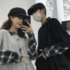 Long-sleeve Polo-neck Plaid Panel T-shirt