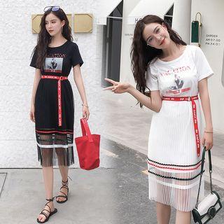 Set: Printed Short-sleeve Long T-shirt + Mesh Strappy Dress