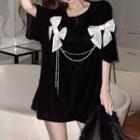 Elbow-sleeve Bow Chained T-shirt