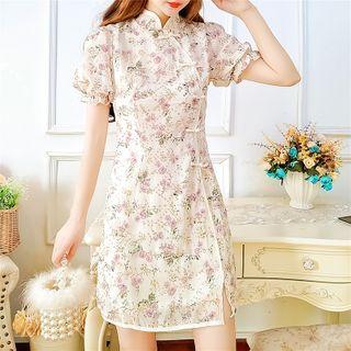 Puff-sleeve Floral Print Fitted Mini Qipao Dress