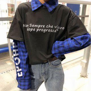 Lettering Mock Two-piece Plaid Shirt