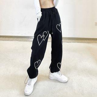 High Waist Rhinestone Heart Sweatpants