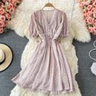Lace-trim Short-sleeve Floral Chiffon Dress