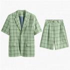 Short-sleeve Plaid Single-breasted Blazer / Wide Leg Shorts