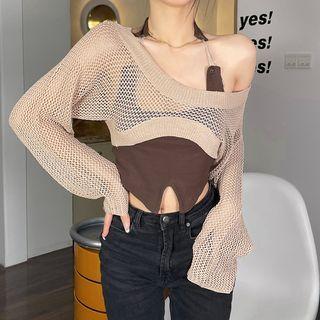 Long-sleeve Off-shoulder Loose Knit Crop Top / Halter Camisole Top