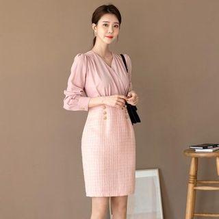 Shirred Tweed Mock Two-piece Dress