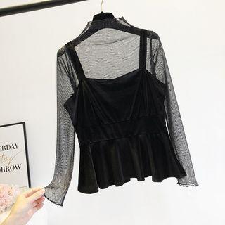 Set: Sheer Long-sleeved Blouse + Velvet Camisole Top Black - One Size
