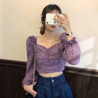 Floral Print Chiffon Blouse Floral - Purple - One Size