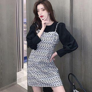 Set: Long-sleeve Plain Blouse + Spaghetti Strap Printed Dress