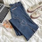 High-waist Heart Embroidered Cut-out Jeans
