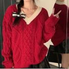 Contrast Trim Cable Knit Sweater Red - One Size