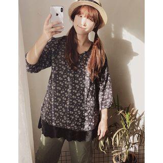 Slit-neckline Linen Blend Floral Blouse