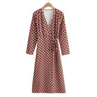 Long-sleeve V-neck Patterned Midi A-line Dress