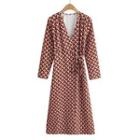 Long-sleeve V-neck Patterned Midi A-line Dress