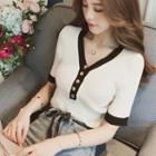 Two-tone Henley Short-sleeve Knit Top