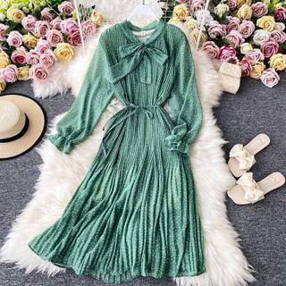 Bow-neck Dotted Long-sleeve Pleated Midi Dress