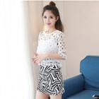 Set: Elbow-sleeve Lace Panel Top + Patterned Fitted Skirt