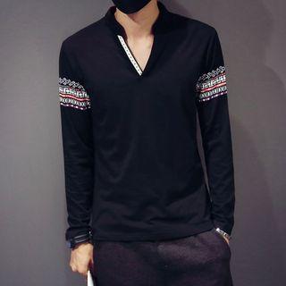 Patterned Split-neck Long-sleeve T-shirt
