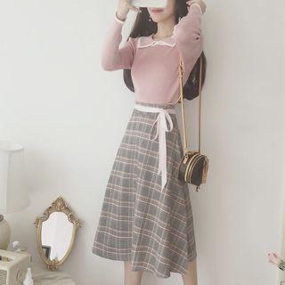 Set: Long-sleeve Contrast Trim Knit Top + Plaid A-line Midi Skirt