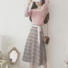 Set: Long-sleeve Contrast Trim Knit Top + Plaid A-line Midi Skirt