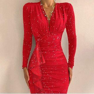 Ruffle Panel Shirred Mini Bodycon Dress