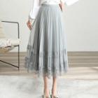Lace Trim Accordion Pleat Midi A-line Skirt