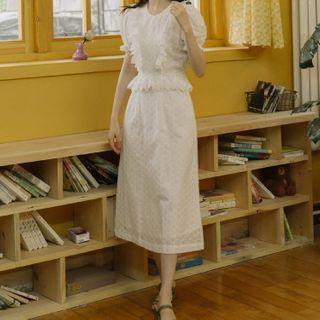 Puff-sleeve Ruffle Trim Eyelet Midi A-line Dress