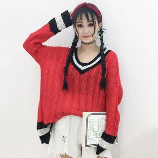 Contrast Trim V-neck Open Knit Sweater