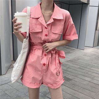 Elbow-sleeve Shirt Playsuit With Sash