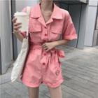 Elbow-sleeve Shirt Playsuit With Sash