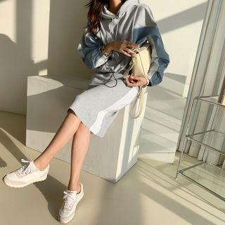 Hoodie & Skirt Color-block Sweatsuit Set Gray - One Size