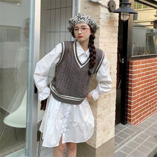 Long-sleeve Plain Shirt Dress + V-neck Knit Vest