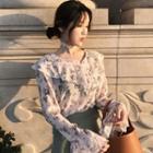 V-neck Printed Ruffle Trim Blouse