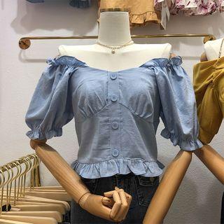 Short-sleeve Wood Ear Trim Off Shoulder Top