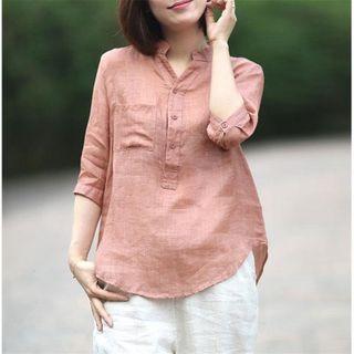 3/4-sleeve Linen Henley Blouse