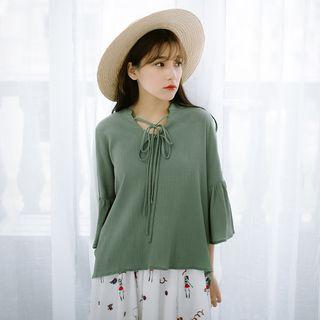 3/4-sleeve Tie-neck Ruffled Top