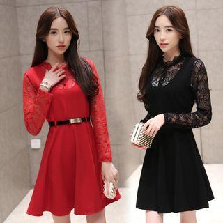 Long Sleeve Lace Panel Flare Dress With Belt