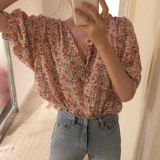 Elbow-sleeve Floral Buttoned Top As Shown In Figure - One Size