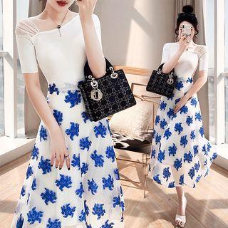 Set: Asymmetrical Short-sleeve Blouse + Floral Print Midi A-line Skirt