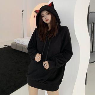Devil Horn Plain Long-sleeve Long Hoodie Black - One Size