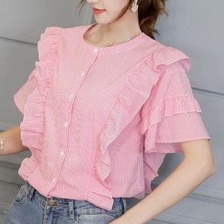 Striped Ruffle Trim Short-sleeve Blouse