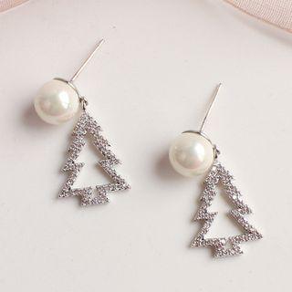 Faux Pearl Rhinestone Christmas Tree Drop Earring / Clip-on Earring