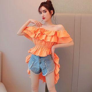 Off-shoulder Ruffled Blouse / Faux Pearl Denim Shorts