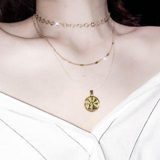 Rhinestone Alloy Disc Pendant Layered Choker Necklace