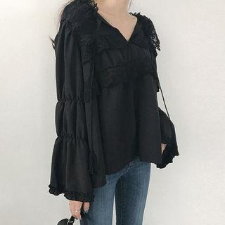 Tie-neck Flare-sleeve Lace Blouse