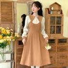 Mock Two-piece Long-sleeve Wide-collar Midi A-line Dress
