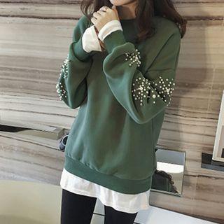 Mock Two-piece Embellished Long-sleeve Sweatshirt
