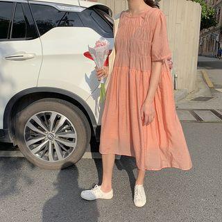 Elbow-sleeve Crinkled Midi Dress