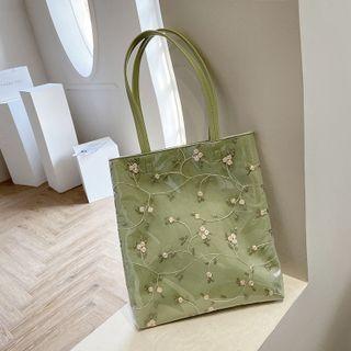 Floral Embroidered Pvc Panel Faux Leather Shopper Bag